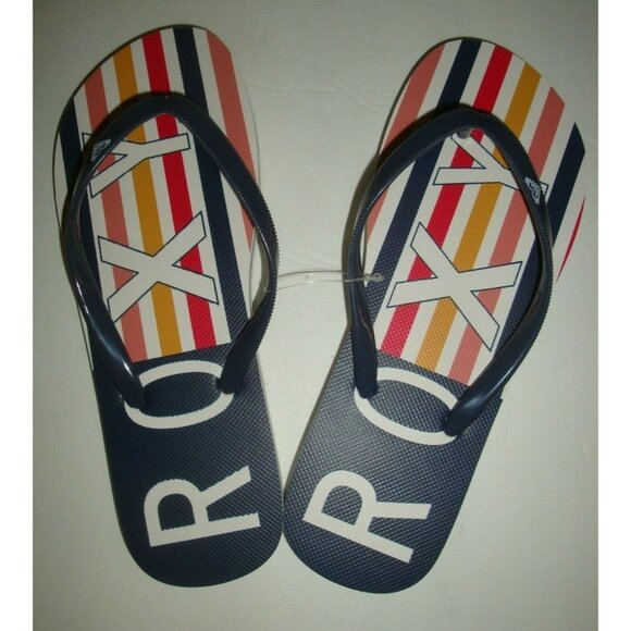 New Roxy Women's Flip Flops Thong Sandals Beach Swim Multi Color Stripe Blue 7 - Picture 1 of 3